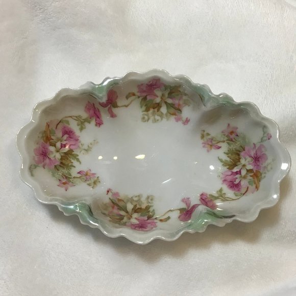 MZ Austria * Pink Flowers White Porcelain Bown Green Accents EUC Vintage Dessert - Picture 4 of 9
